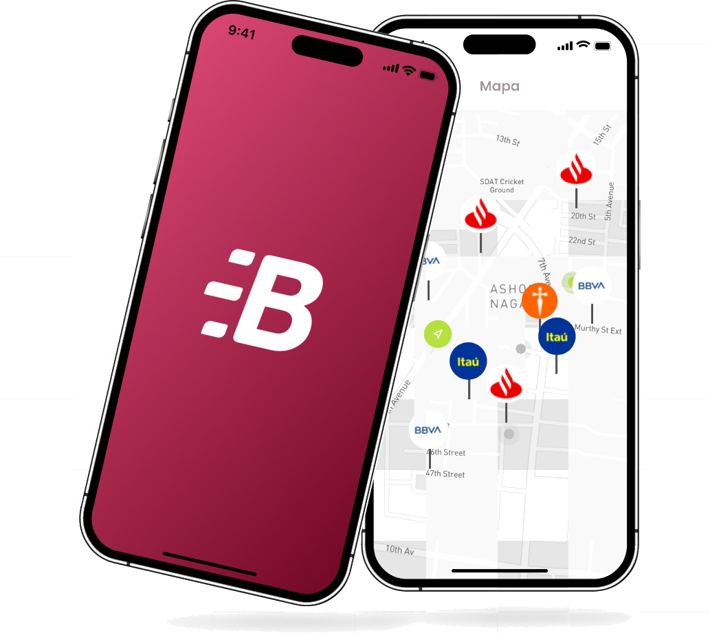Dos pantallas de la app Banelco: splash con logo y mapa de cajeros cercanos