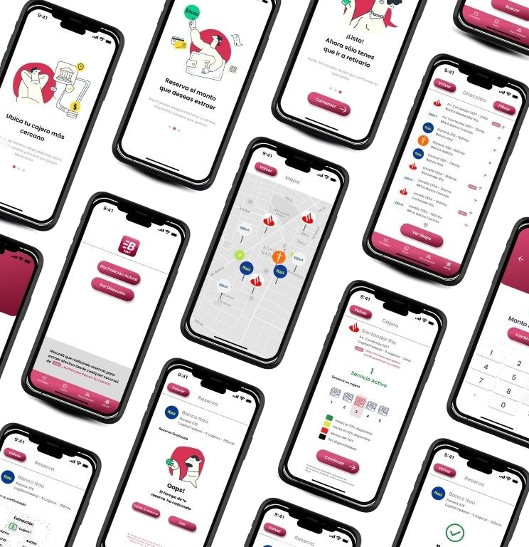 Grilla de pantallas de la app Banelco: onboarding, mapa de cajeros, reserva de monto, teclado y confirmación