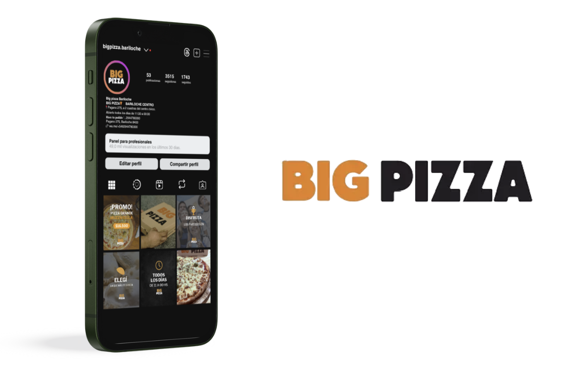 Feed de Instagram de Big Pizza en mockup mobile