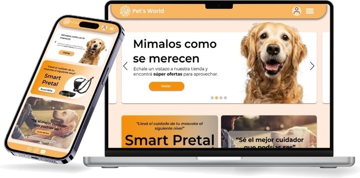 Pet's World en desktop y mobile: home con destacados y sección Smart Pretal